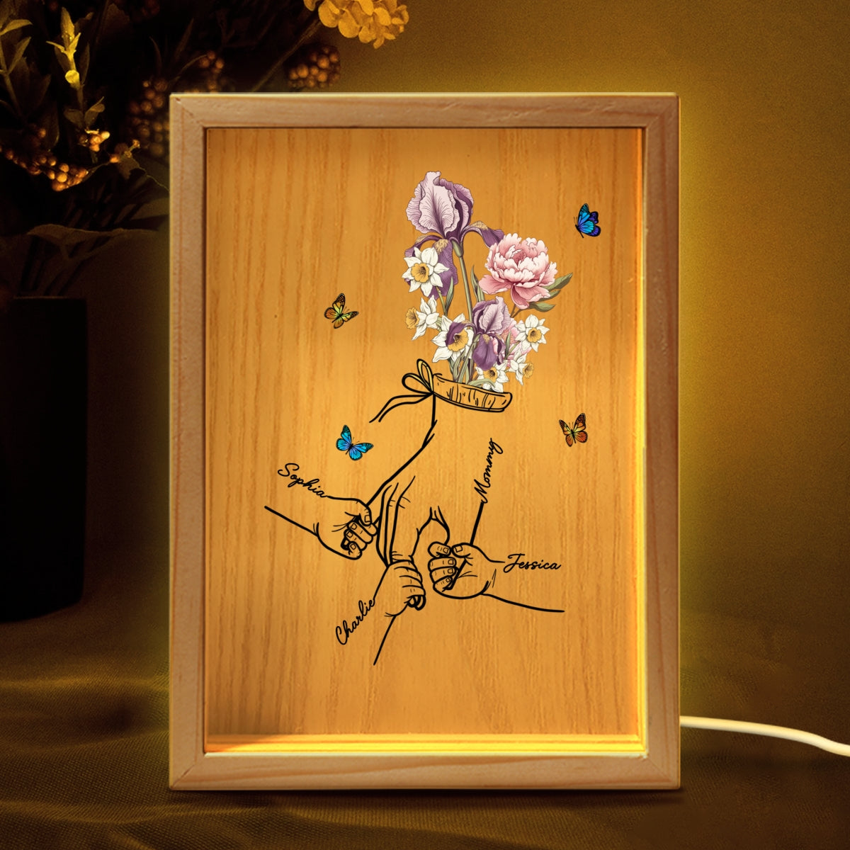 Holding Mom Grandma Hand Birth Month Flowers Personalized Frame Light Box