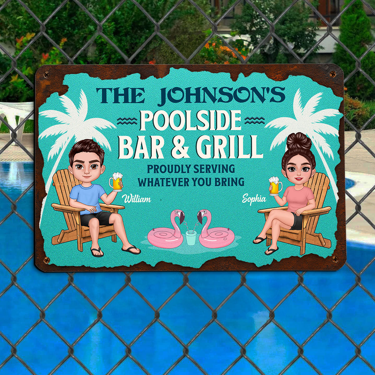 Summer Family Couple Poolside Bar & Grill Teal Color Personalized Metal Sign