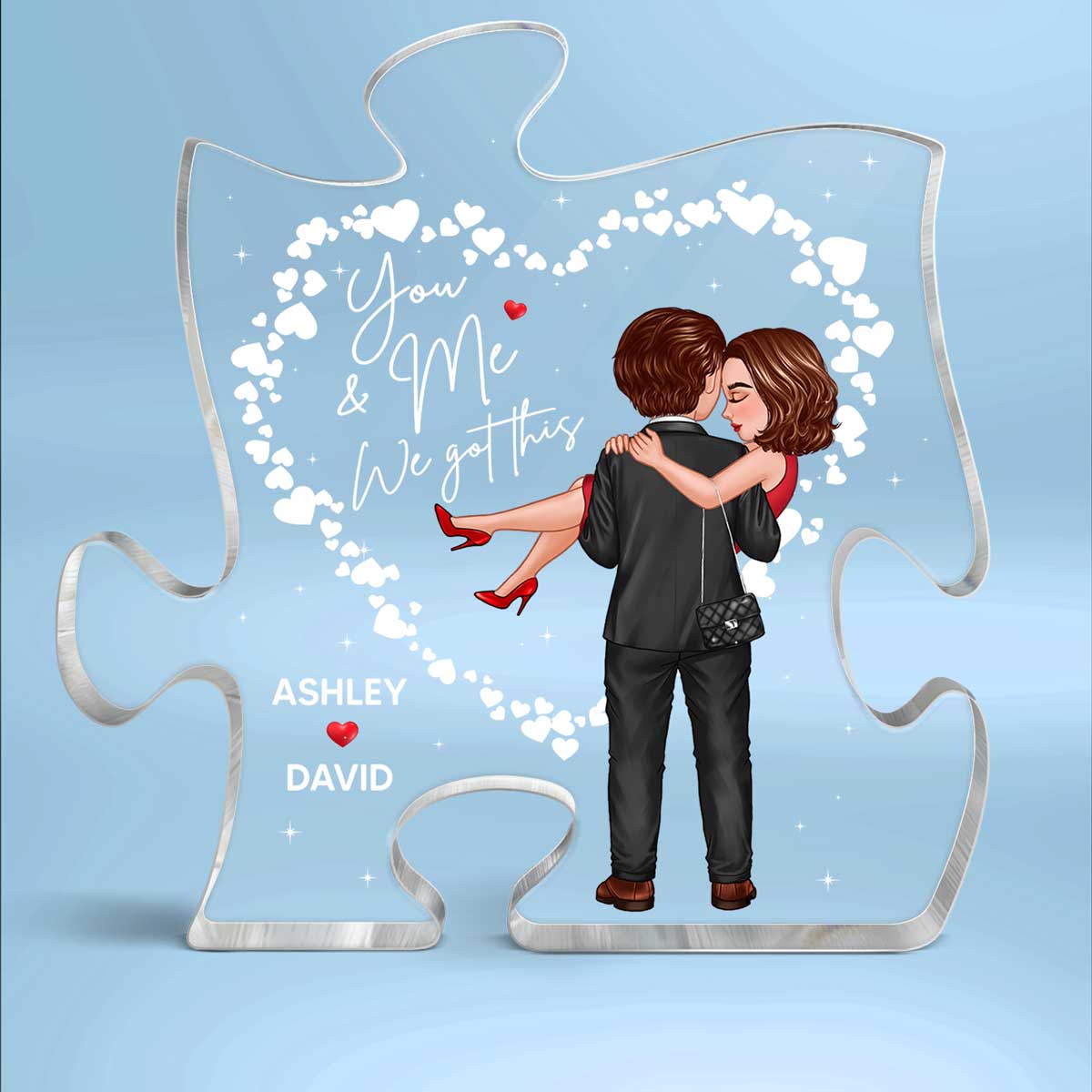 Hearts Embracing Hugging Doll Couple Personalized Acrylic Puzzle Plaque