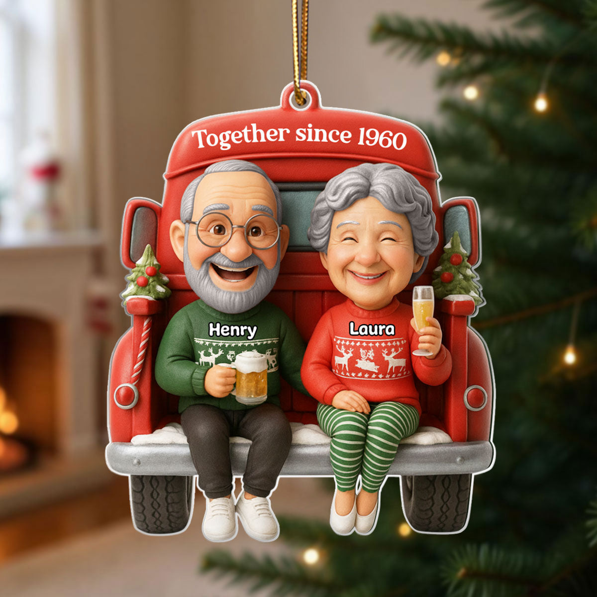 Old Couple Sitting on Christmas Truck - Personalized Acrylic Ornament - Christmas Gift for him, Gift for her