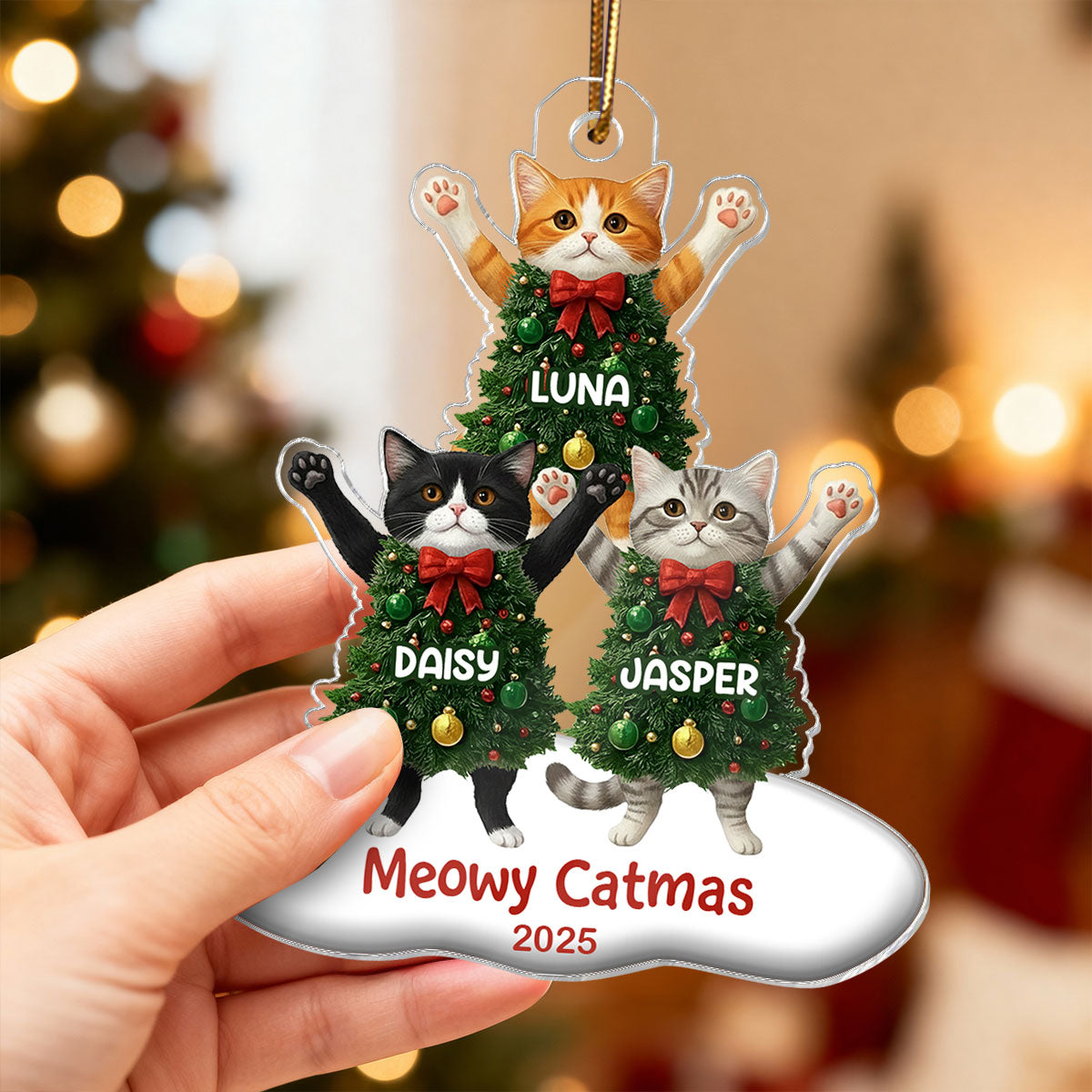 Whimsical Cat Christmas Tree - Personalized Acrylic Ornament - Gift For Cat Lover