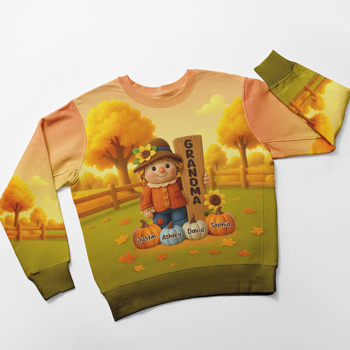 Grandma Scarecrow Standing Grandkids Pumpkins 3D Effect Personalized Sweatshirt
