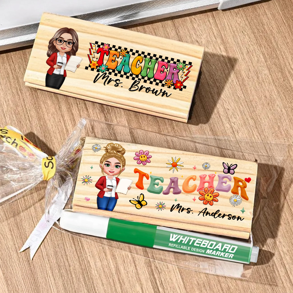 Teacher Sitting Personalized Teacher Whiteboard Eraser, Custom Teacher Appreciation Gifts, Chalkboard Eraser with Marker, Preschool Teacher Name gifts