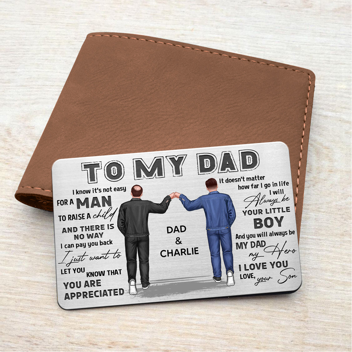 To My Dad Dad And Son Punch Hand Personalized Metal Wallet Card