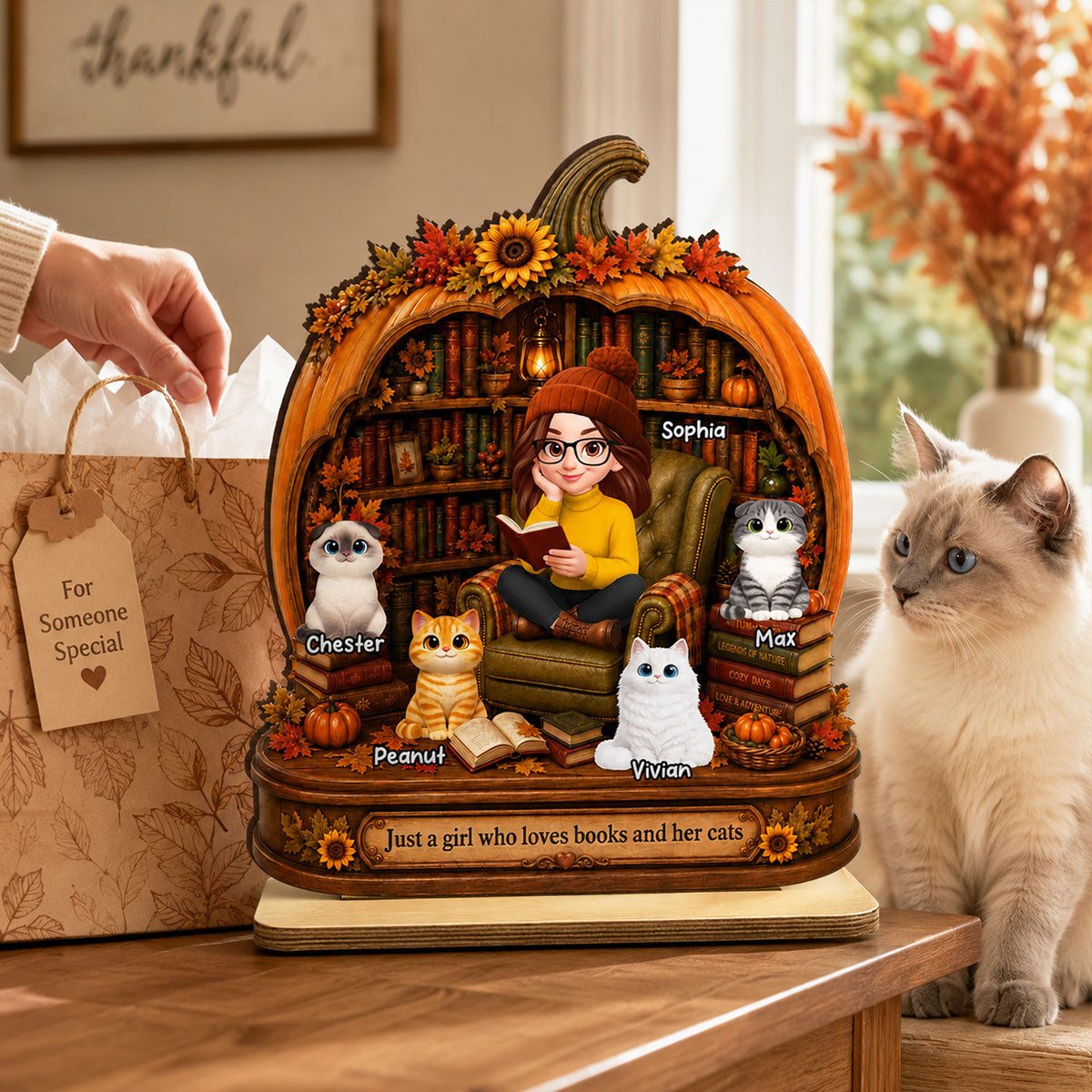 Reading Girl Who Loves Books And Her Cats - Personalized 2-Layered Wooden Plaque - Fall Season Decor Gift, Gift For Book Lovers