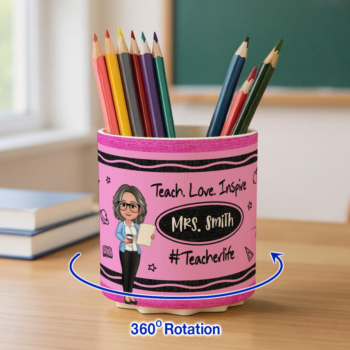 Teacher Crayon Pattern Personalized Rotating Pen Holder, Teacher Appreciation Gift, Back To School Gift