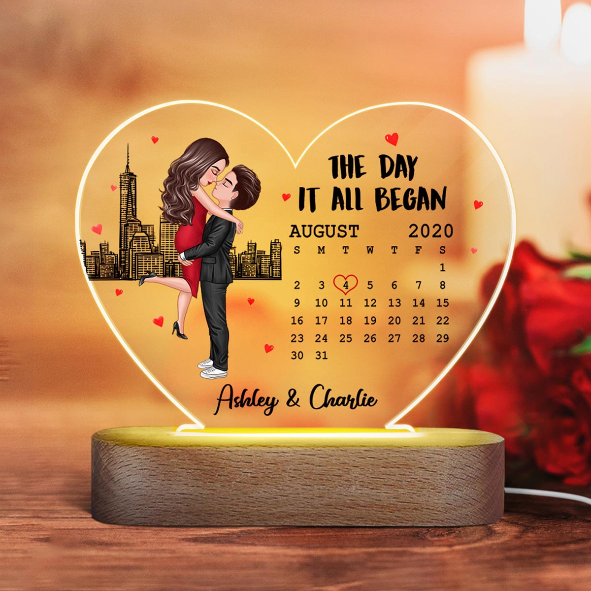 Doll Couple Hugging Kissing Skyline Calendar Anniversary Date Personalized Acrylic Heart Plaque LED Night Light