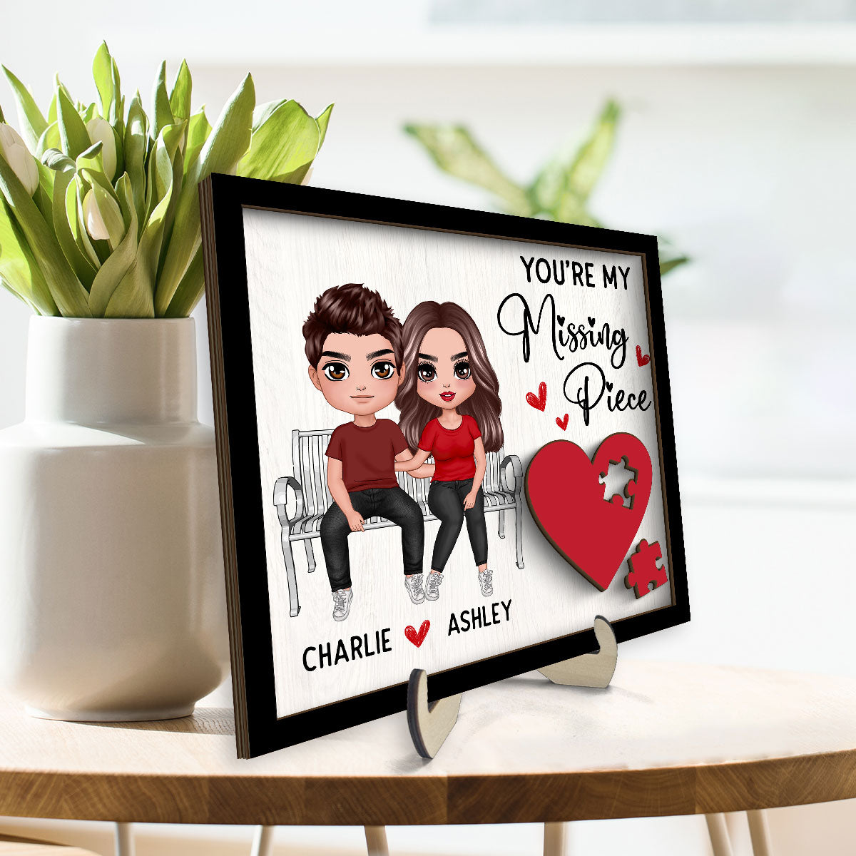 Couple Sitting On Bench Red Heart Valentine‘s Day Gift For Her Gift For Him Personalized 2-Layer Wooden Plaque