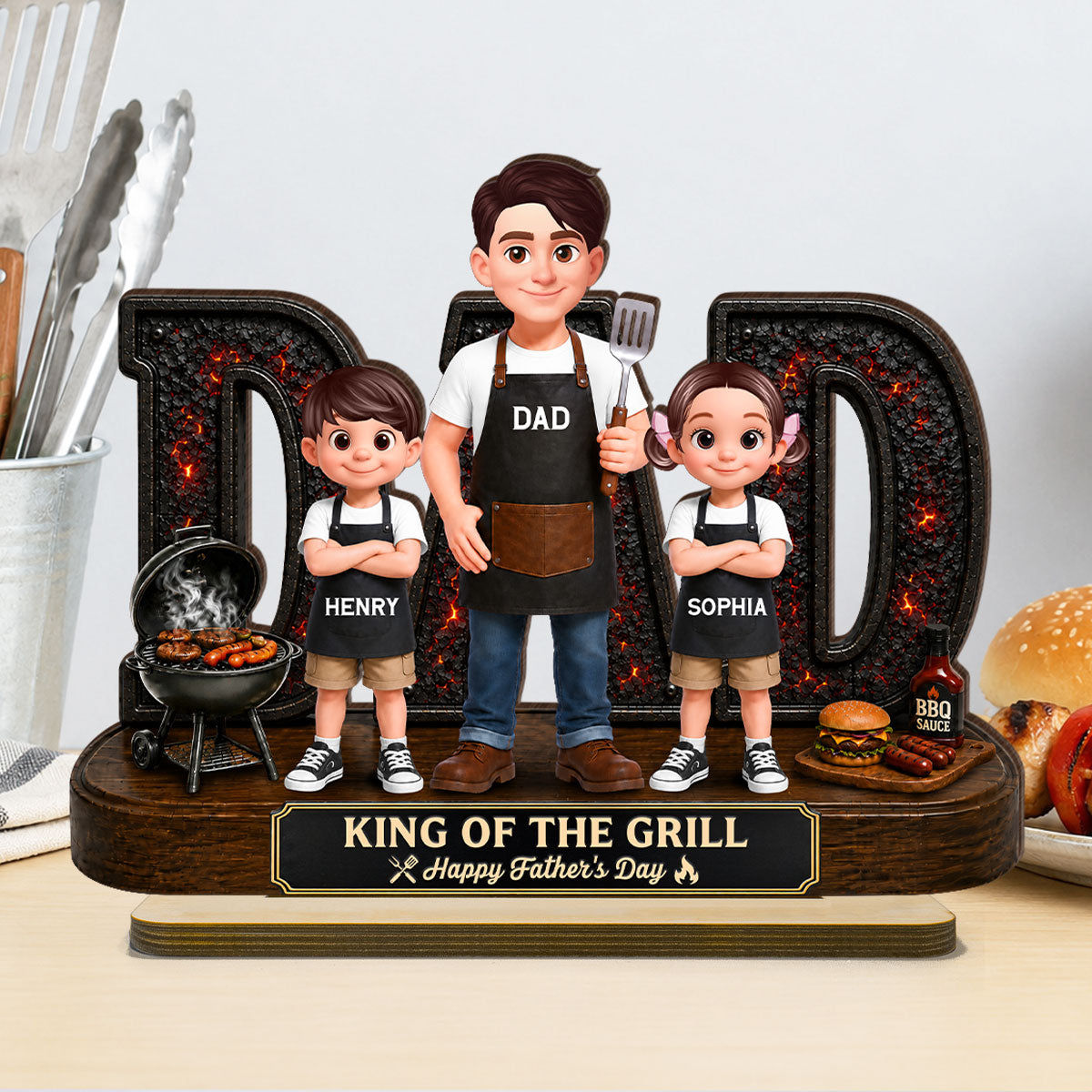 BBQ King Of The Grill Dad - Personalized Wooden Plaque - Father's Day Gift For Dad, Husband