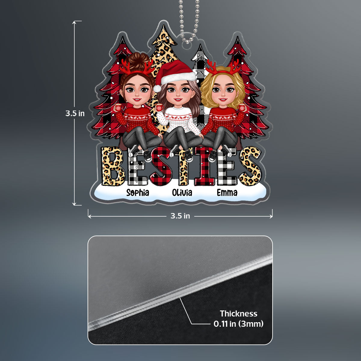 Doll Besties Sisters Sitting On Leopard Checkered Pattern Christmas Tree Personalized Acrylic Ornament