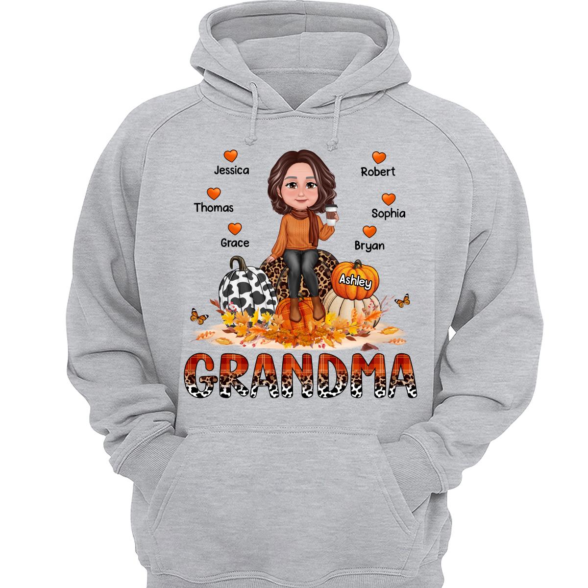 Grandma Mom Patterned Hearts Pumpkins Fall Season Personalized Shirt