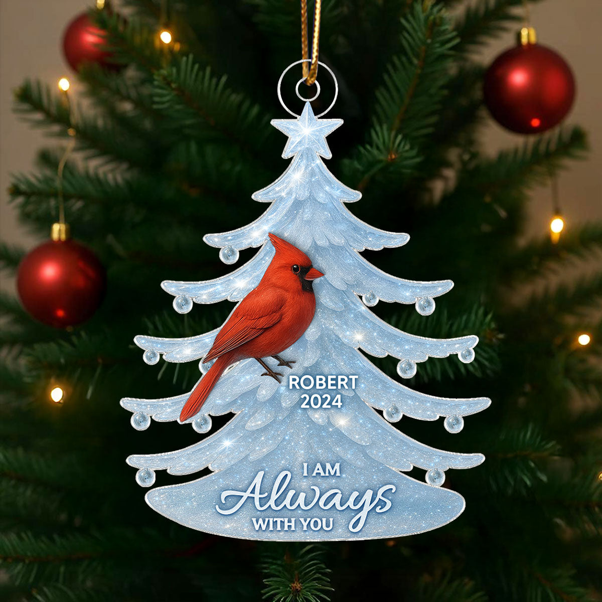 Crystal Christmas Tree Cardinals 3D Effect Personalized Acrylic Ornament, Heartwarming Memorial Sympathy Gift