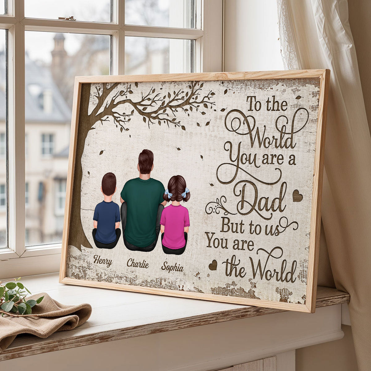 Back View Dad And Kids Dogs Cats Sitting - Personalized Poster - Gift For Dad, Husband