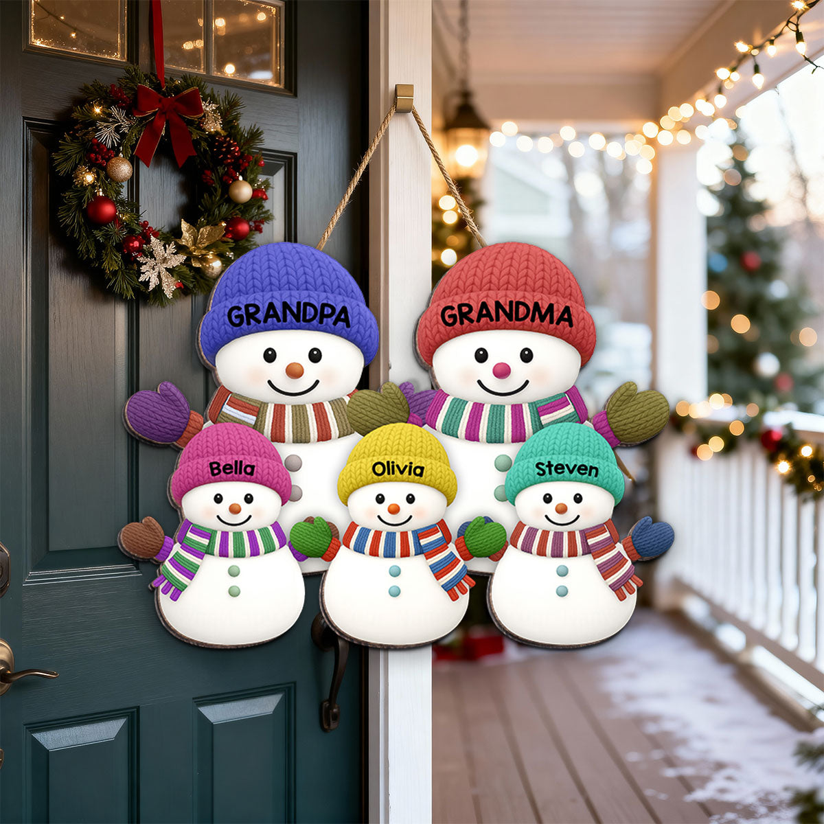 Christmas Grandma Grandpa And Grandkids Snowman Together - Personalized Wood Sign