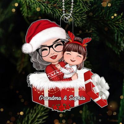 Doll Grandma Hugging Grandkid In Gift Box Christmas Gift For Granddaughter Grandson Personalized Acrylic Ornament