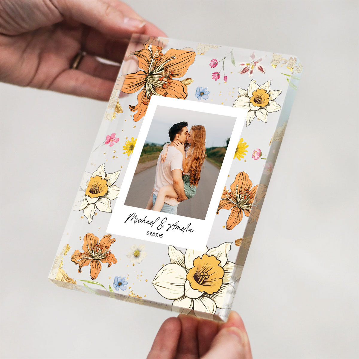 Couple Upload Photo Birth Month Flowers Personalized Acrylic Block Plaque, Anniversary Gift,  Gift