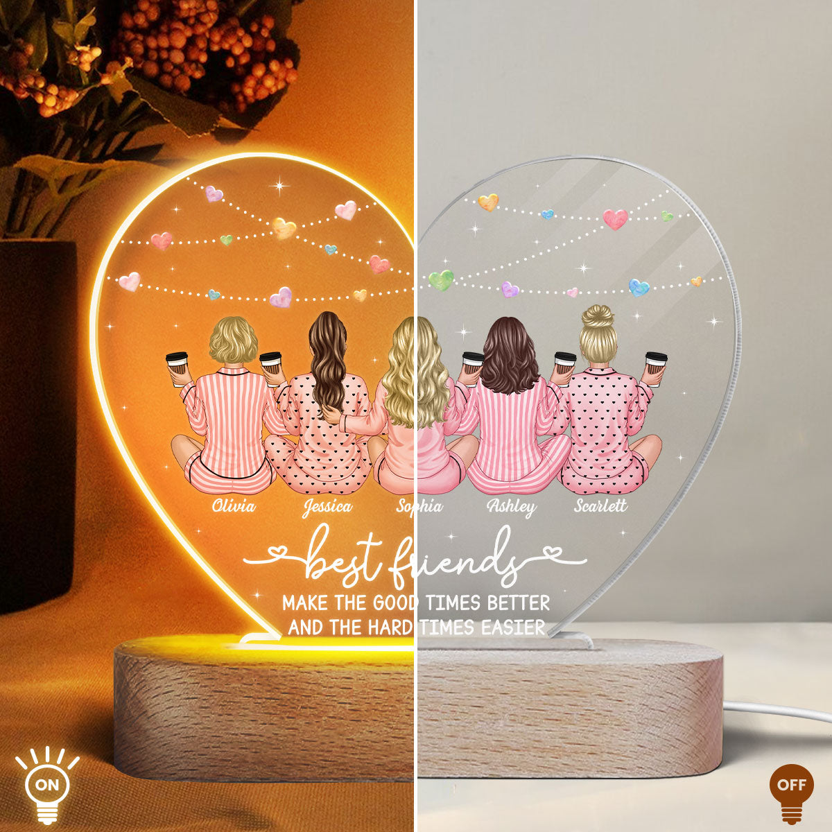 Back View Pajamas Besties Personalized Acrylic Heart LED Night Light, Gift For Best Friends, BFF