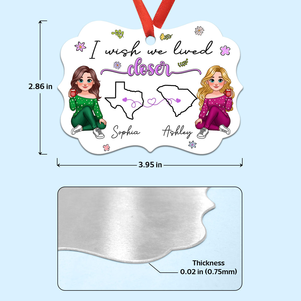 I Wish We Lived Closer Long Distance Animated Besties Personalized Aluminum Ornament, Christmas Gift For Best Friends