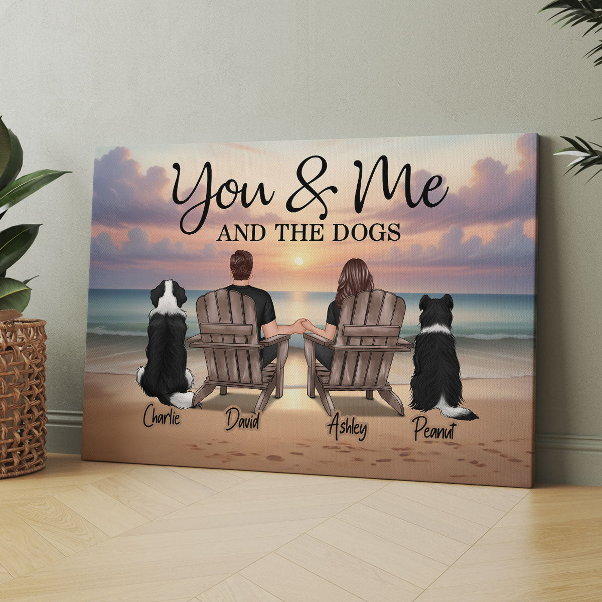 You Me And The Dogs Cats Couple Realistic Beach Landscape Personalized Canvas, Gift For Him, For Her