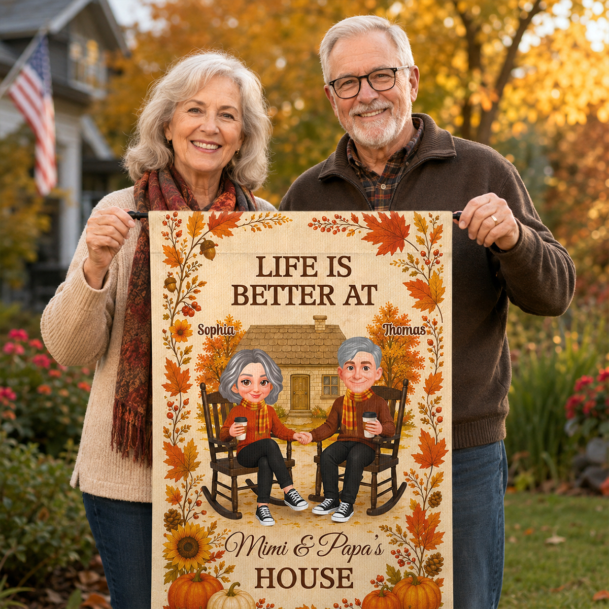 Cozy Fall At Grandparents House - Personalized Garden Flag