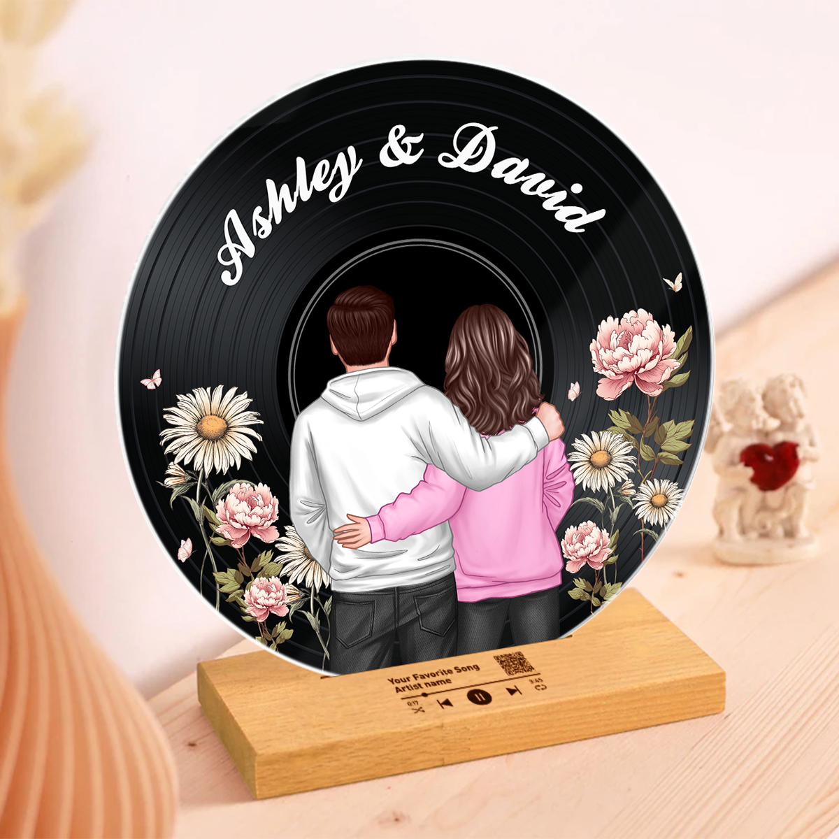 Back View Couple Birth Month Flower Custom Vinyl Record Acrylic Song Plaque, Scannable QR Code, Personalized Birthday, Anniversary Gift for her and for him