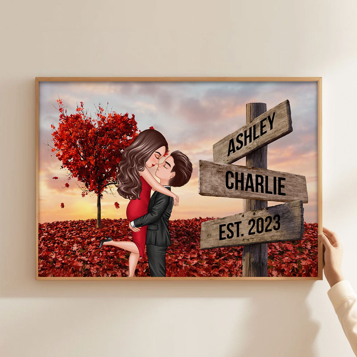 Couple Hugging Kissing Sign Post - Personalized Poster - Heartfelt Gift For Him, Her, Wife, Husband, Couple