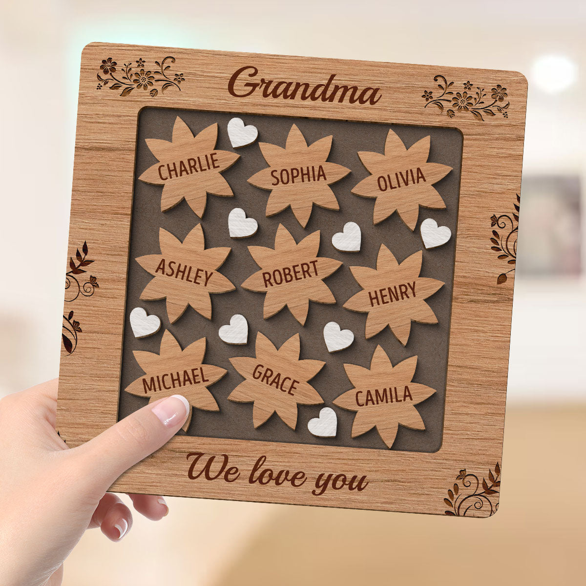 Grandma Mom Flowers Hearts Personalized 2-layer Wooden Plaque