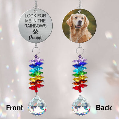 Pet Dog Cat Memorial Look For Me In The Rainbows Upload Photo Personalized Crystal Suncatcher With Aluminum Charm