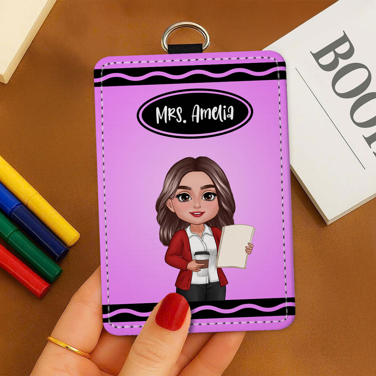 Crayon Themed Teacher Name Personalized ID Badge Holder, Back To School Gift