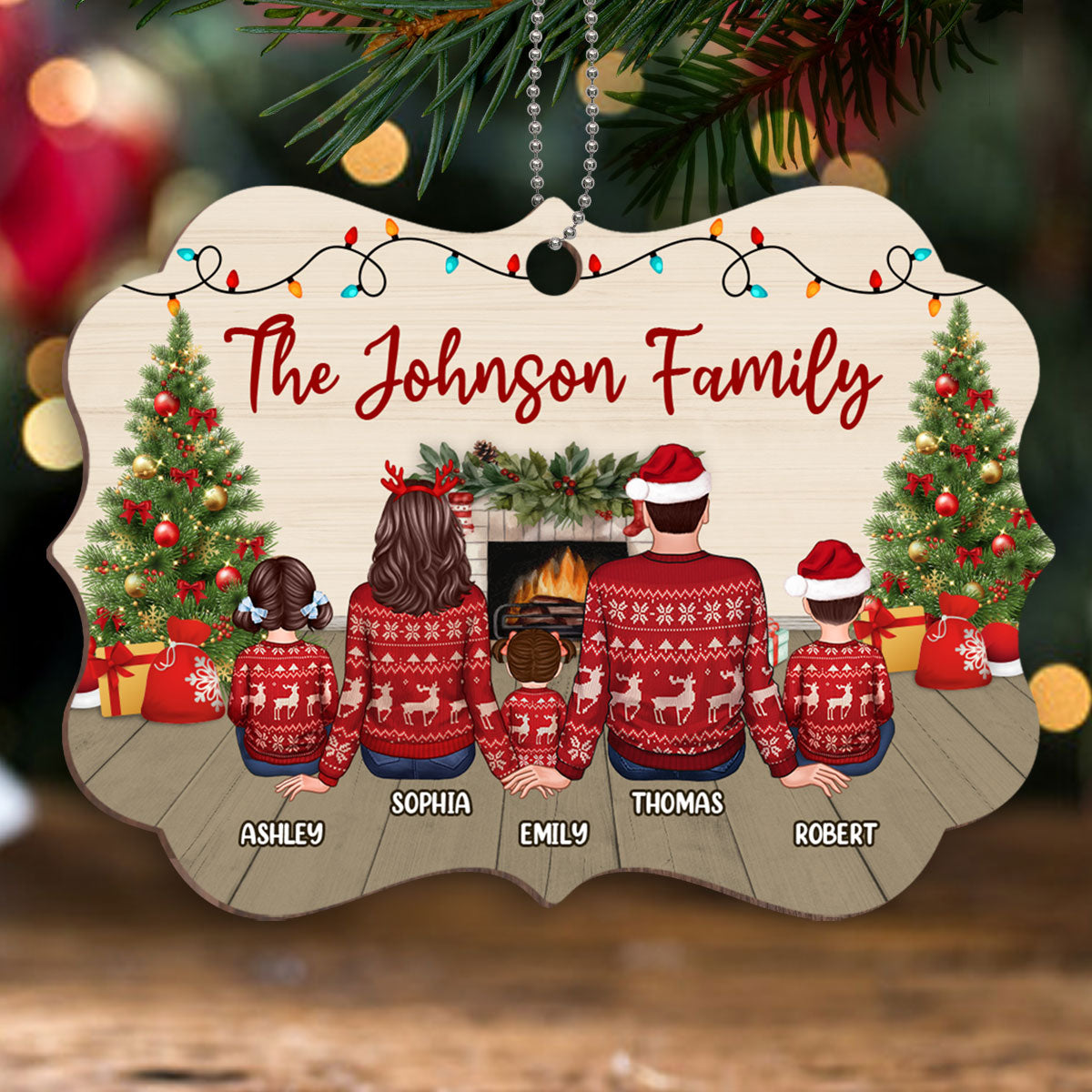 Family At Fireplace Christmas Ugly Sweater Personalized Wooden Ornament