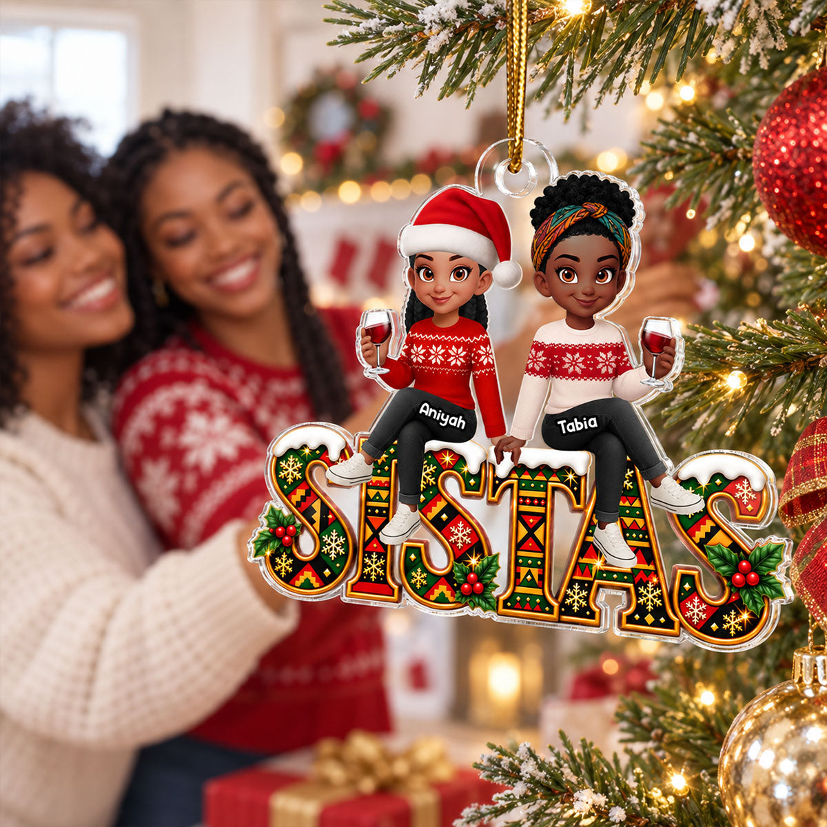 Besties Sisters Sistas Forever Tribal Pattern - Personalized Acrylic Ornament - Christmas Gift For Best Friends