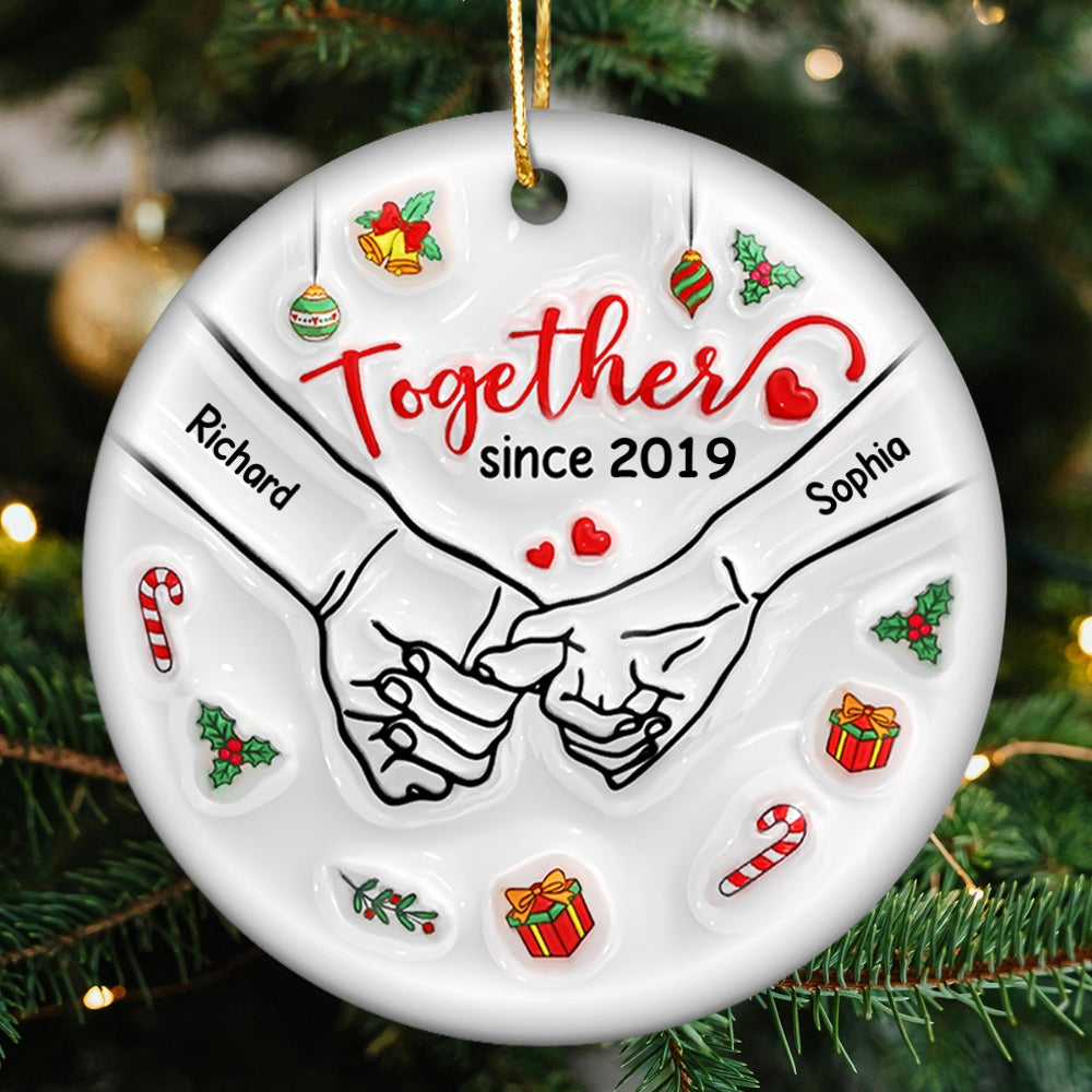 3D Inflated Couple Holding Hands Personalized Ceramic Ornament, Christmas Gift For Him, For Her