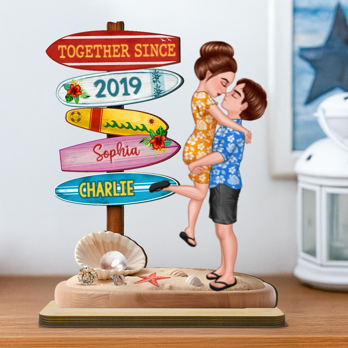 Couple Hugging Kissing Beach Sign Summer Vacation Personalized Standing Wooden Plaque