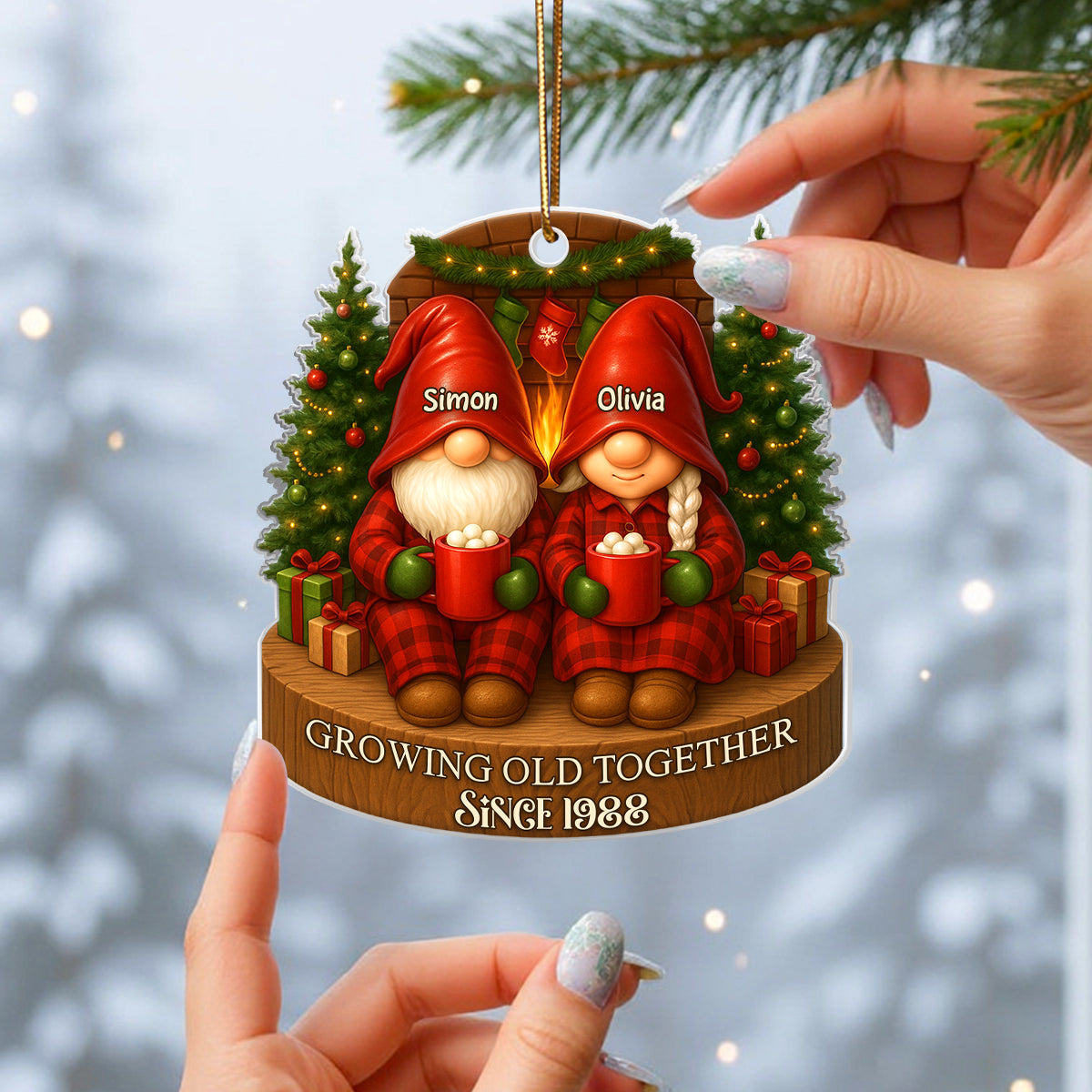 Gnome Couple With Hot Cocoa - Personalized Acrylic Ornament - Special Christmas Gift For Grandma, Grandpa, For Her, For Him