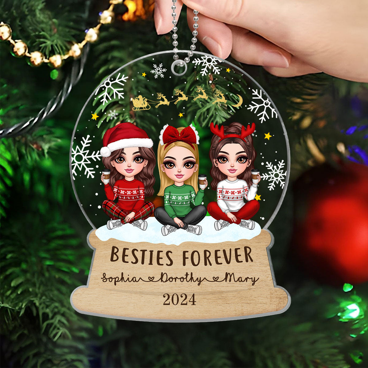 Pretty Friends Sisters Besties Christmas Sitting In Snow Globe Personalized Acrylic Ornament