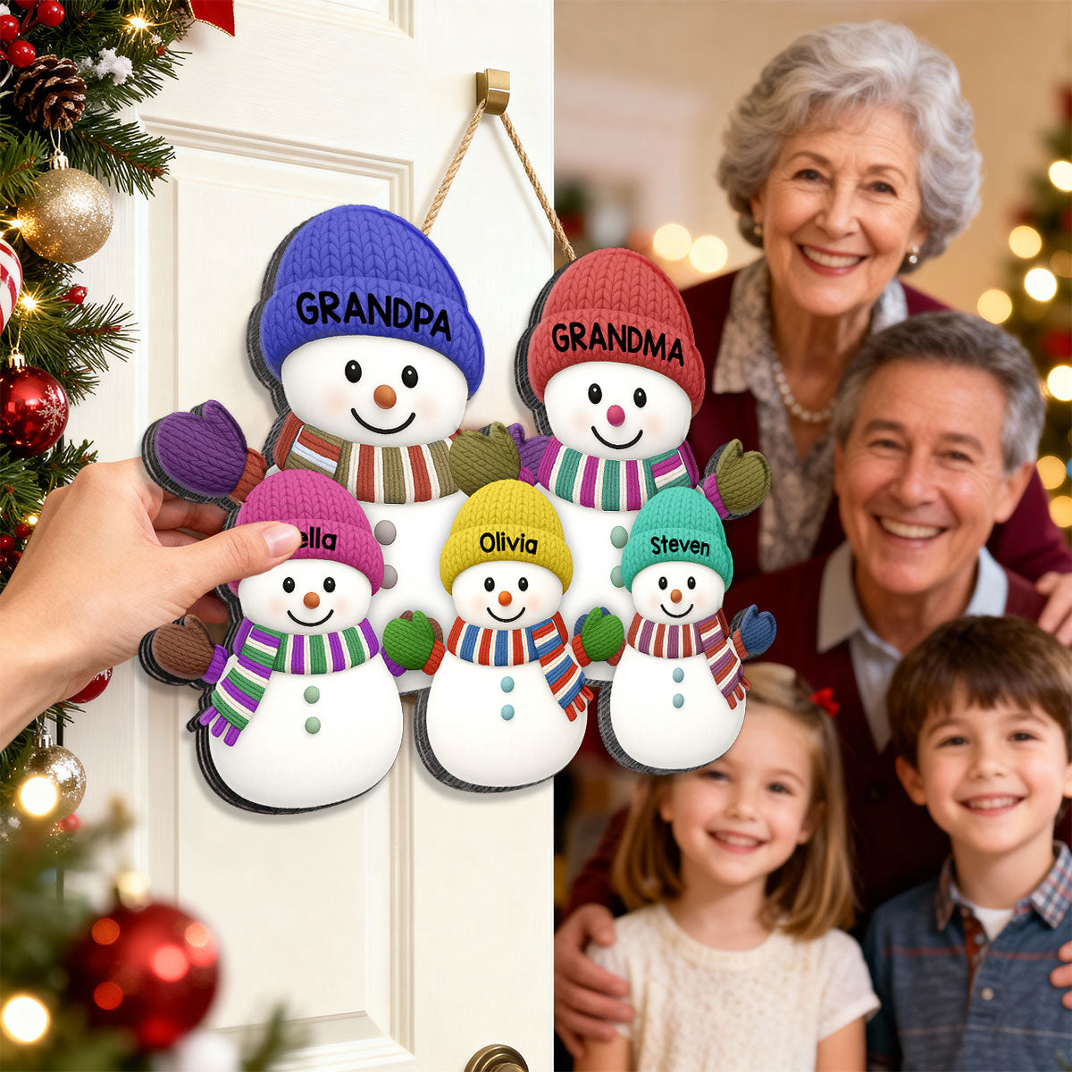 Christmas Grandma Grandpa And Grandkids Snowman Together - Personalized Wood Sign
