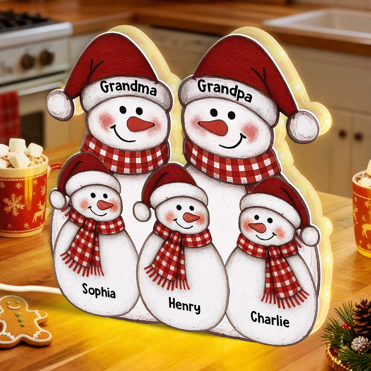 Folk Art Cute Snowman Grandma Grandpa & Grandkid - Personalized Light Box - Christmas Decor For Grandparents