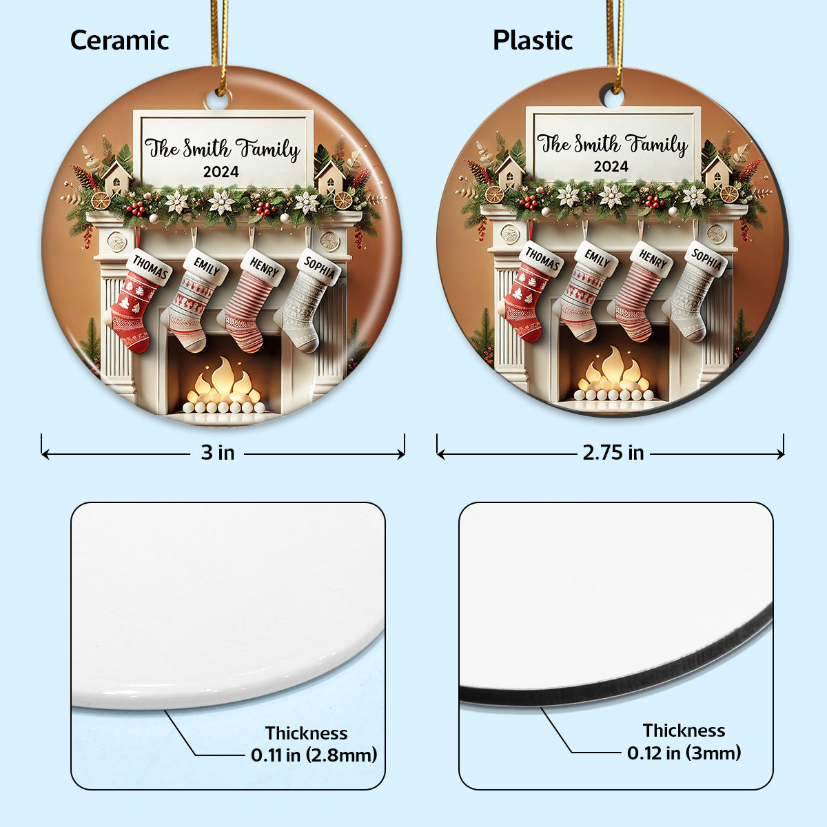 Merry Christmas Festive Fireplace Family Christmas Stockings On Mantel 3D Effect Personalized Ceramic Ornament