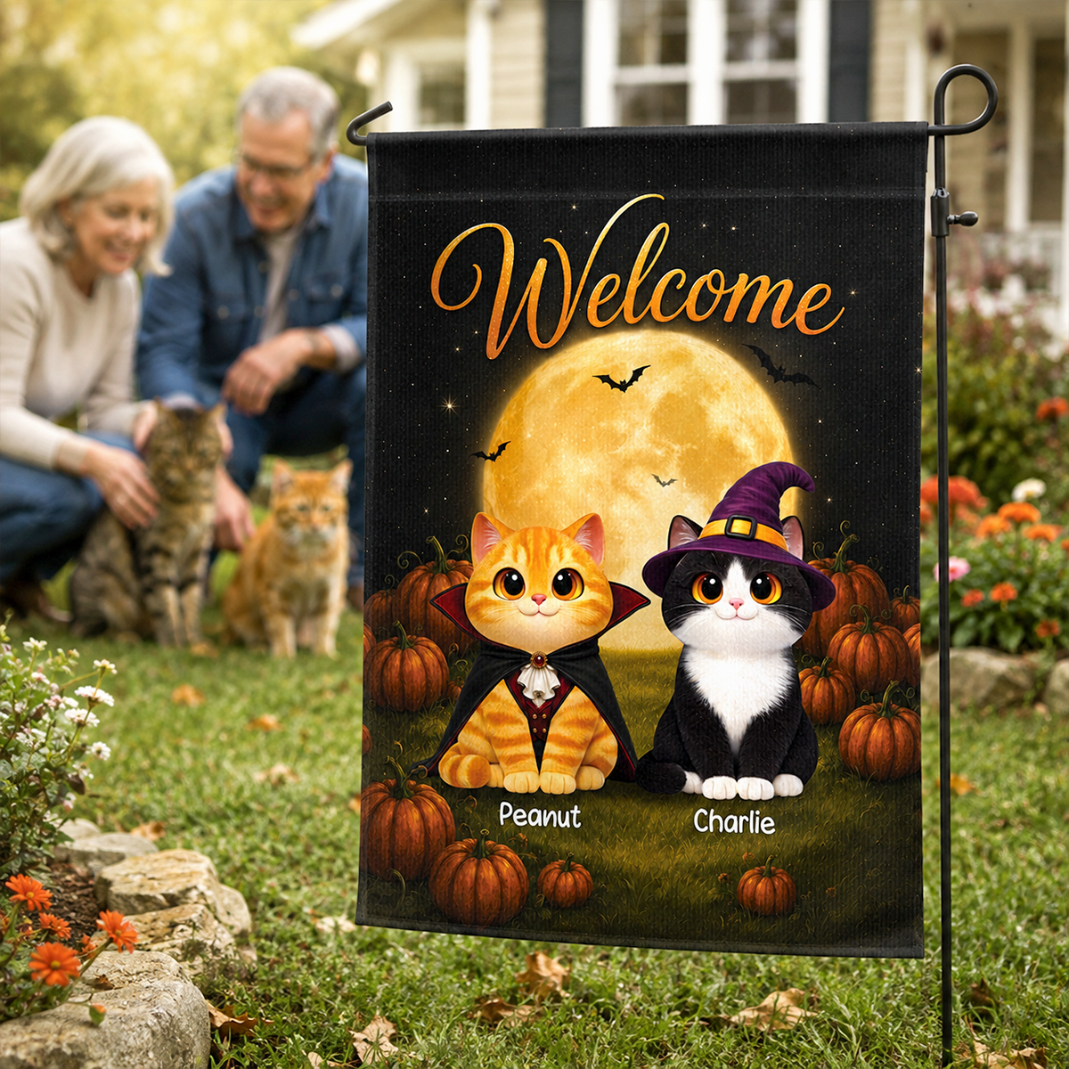 Halloween Cats In Moonlight - Personalized Garden Flag - Halloween Decoration