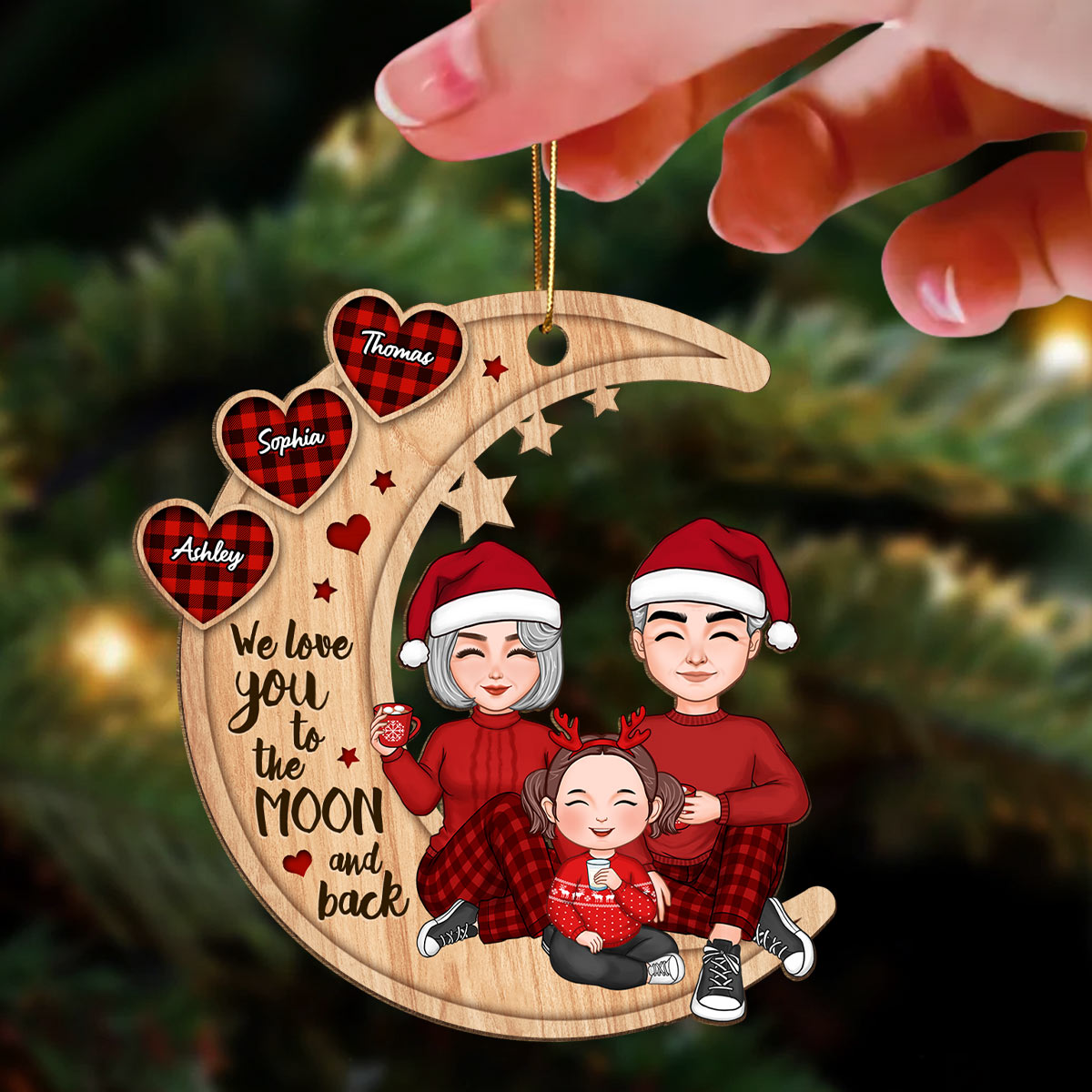 Checkered Pattern Heart Cute Grandma Grandpa & Grandkid Sitting On Moon Personalized Wooden Ornament