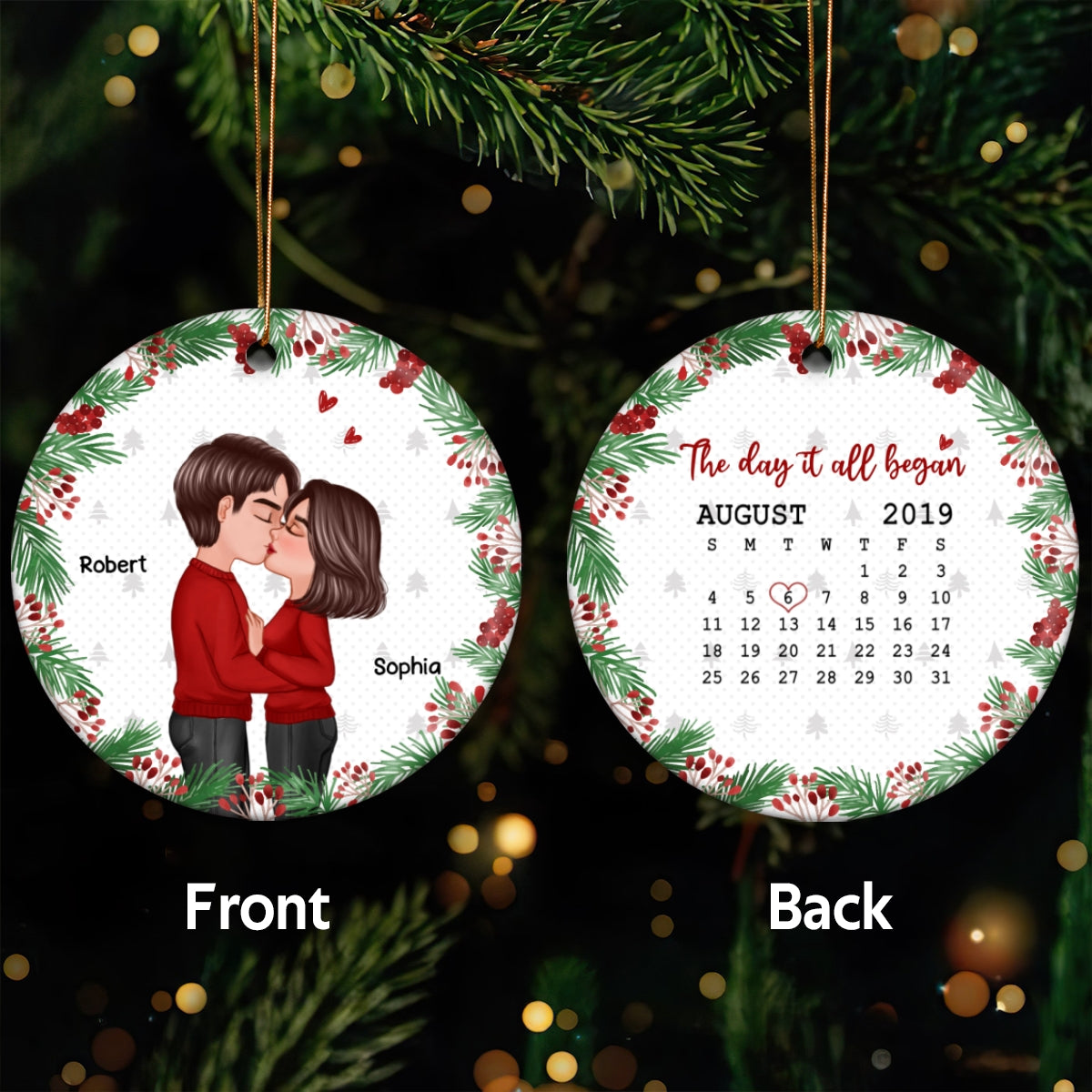 Doll Couple Kissing Anniversary Date Christmas Gift Personalized Double Sided Circle Ornament