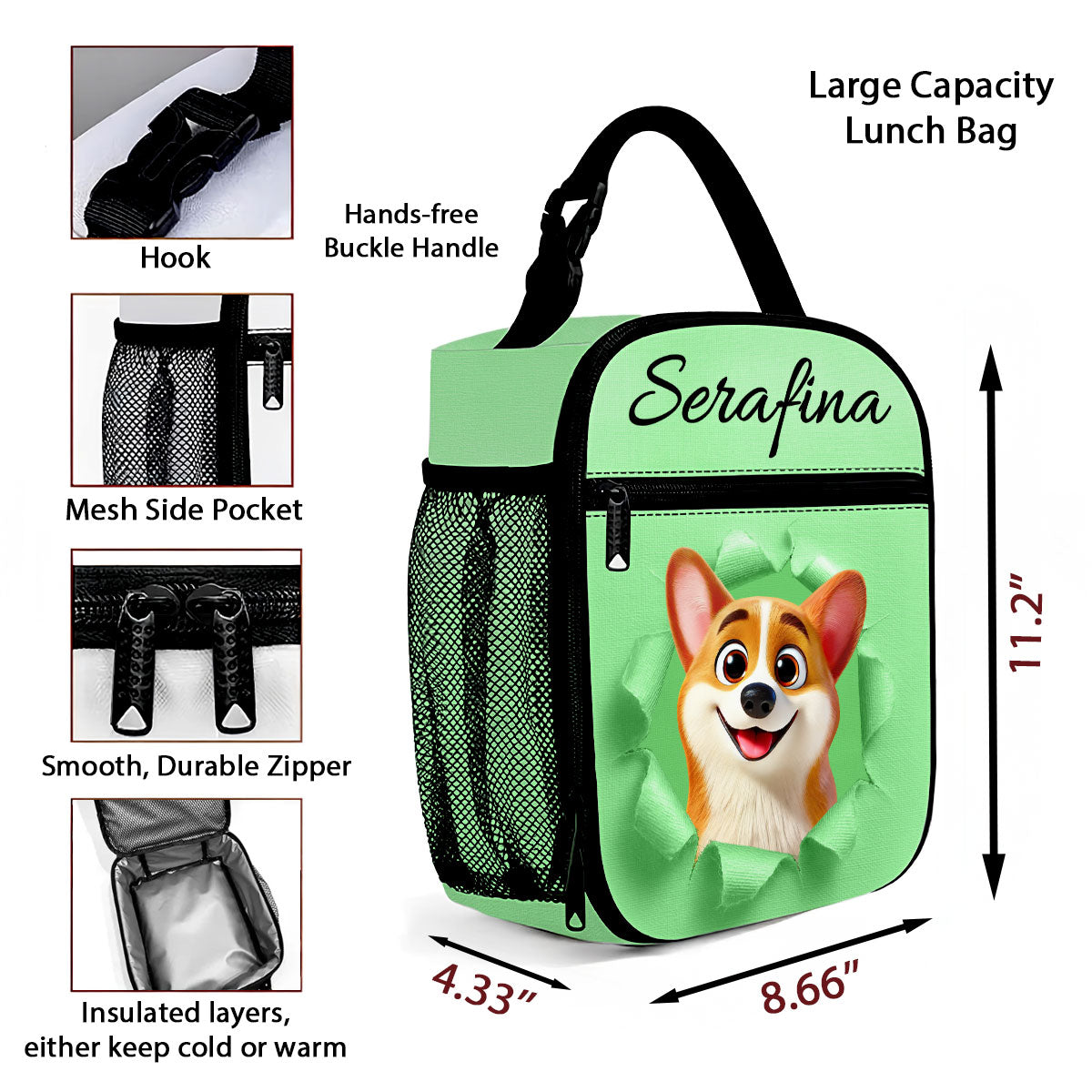 Cute Cartoon Dog Custom Name Personalized Insulated Kid Lunch Bag, Back to School Lunch Bag for Kids