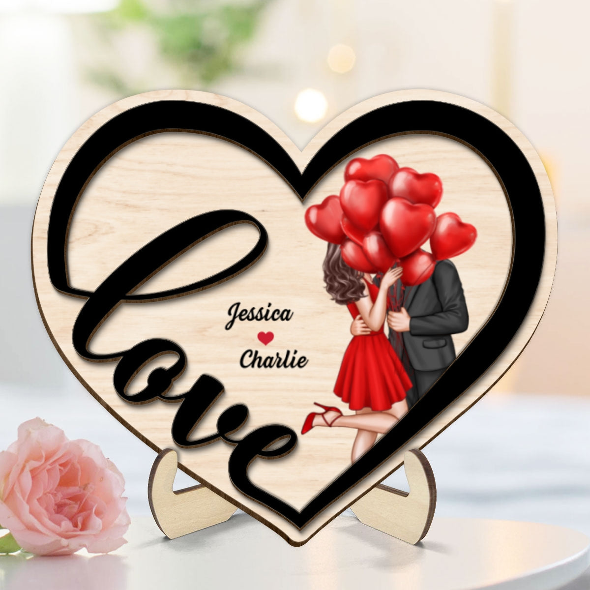 Couple Love Heart Elegant Kissing Personalized 2-layer Wooden Plaque