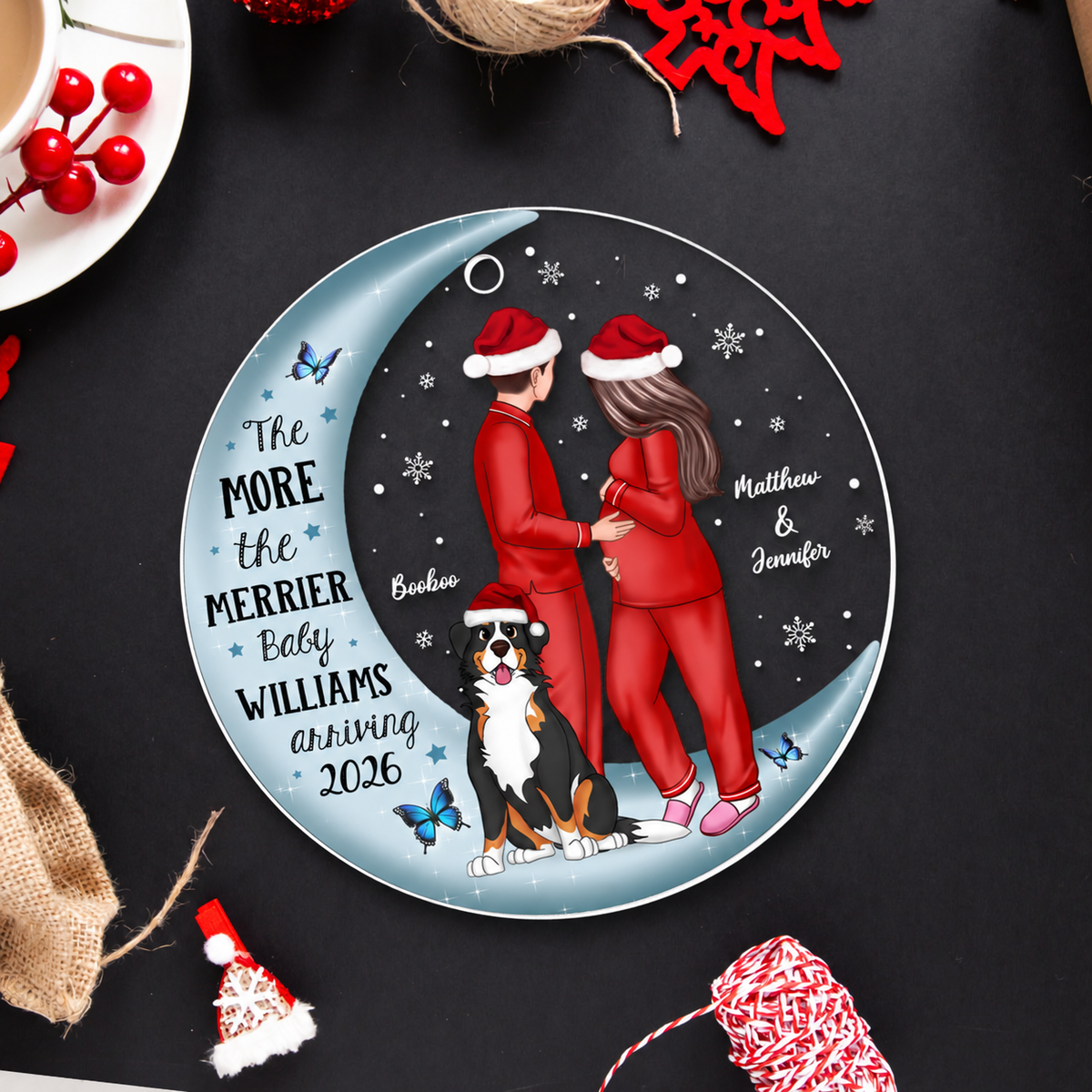 Pregnancy Custom Family On Moon, Expecting New Baby, Mom to be Gift Acrylic Circle Ornament