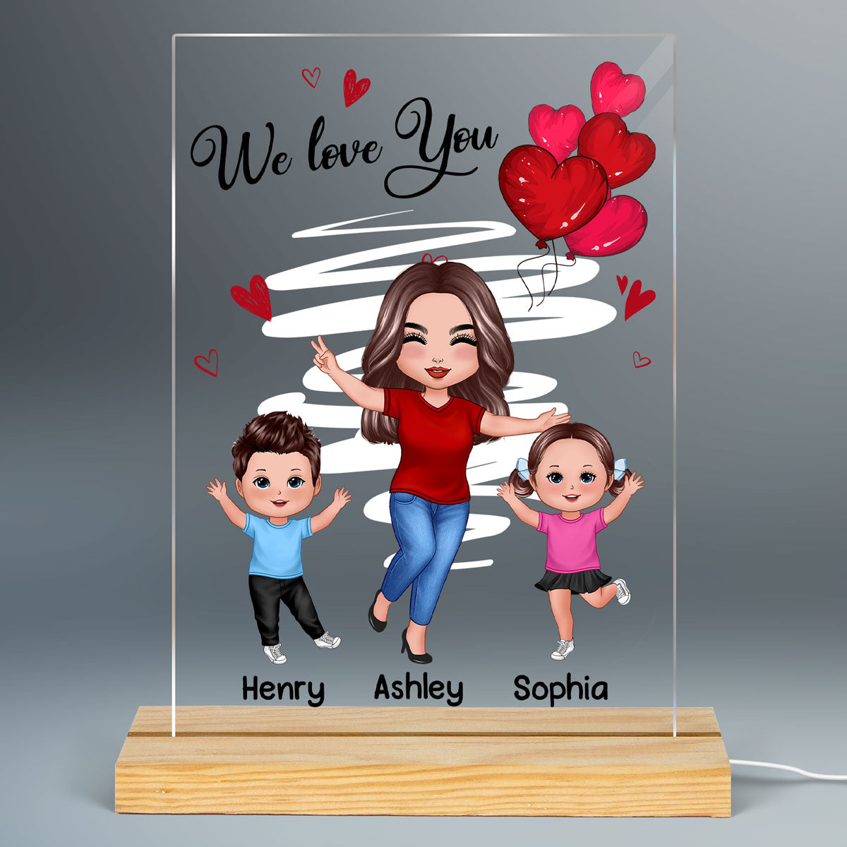 Red Hearts Happy Doll Grandma Mom And Kids Personalized Rectangle Acrylic Plaque Warm LED Night Light