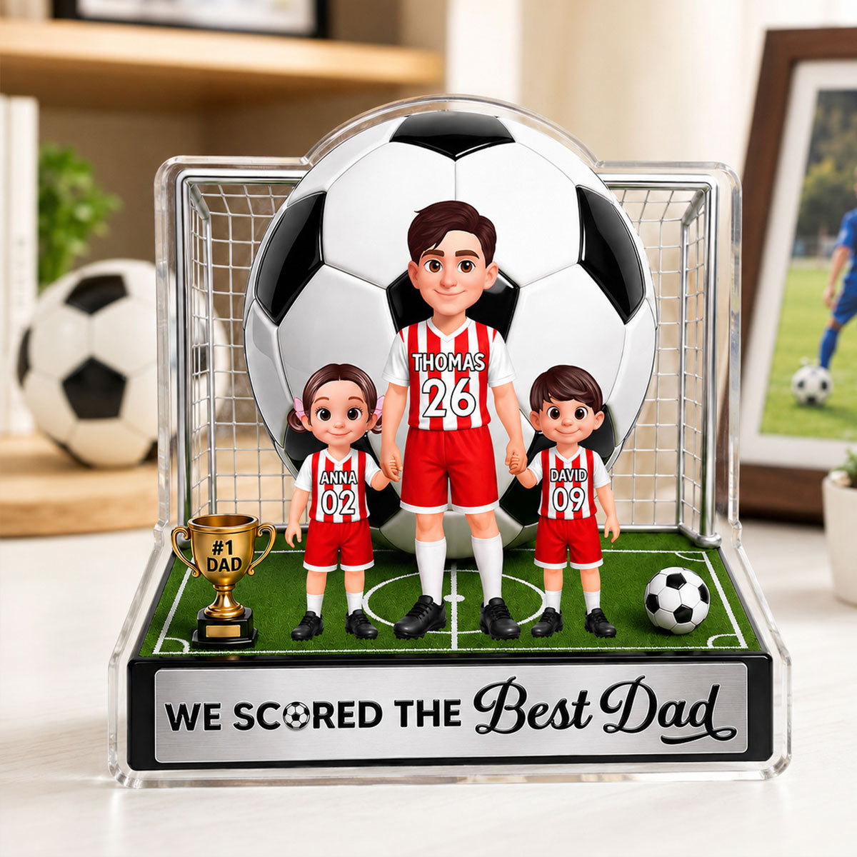 No 1 Soccer Dad And Kids We Scored The Best Dad 2D Flat Printed - Personalized Acrylic Block Plaque - Father's Day Gift For Dad, Husband, Soccer Football Fans
