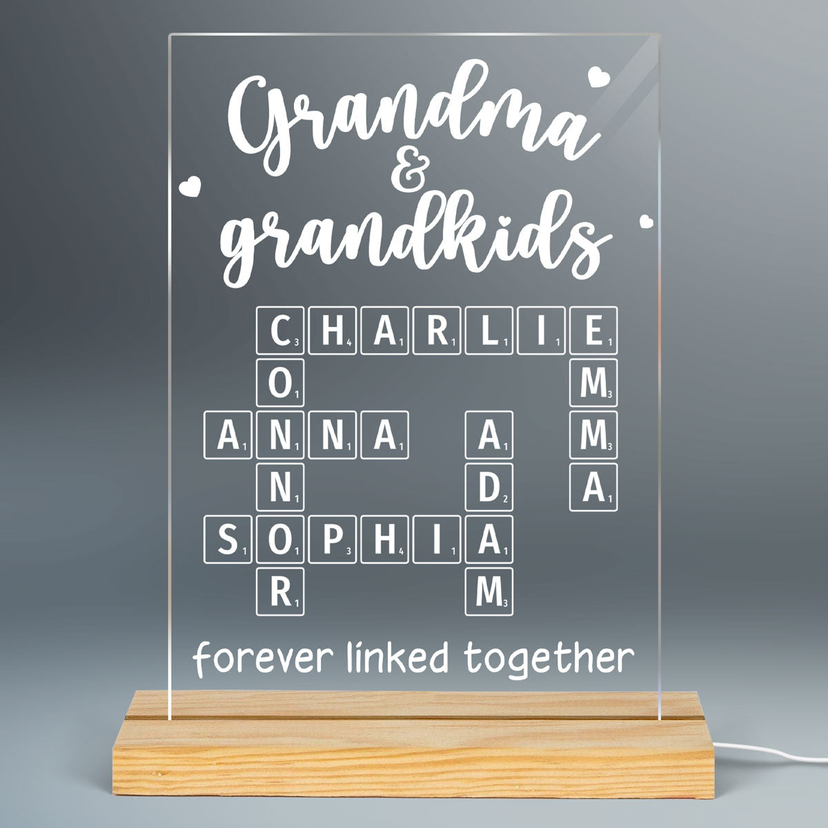 Grandma Grandpa & Grandkids Forever Linked Together Crossword Puzzle Personalized Acrylic Plaque With LED Night Light