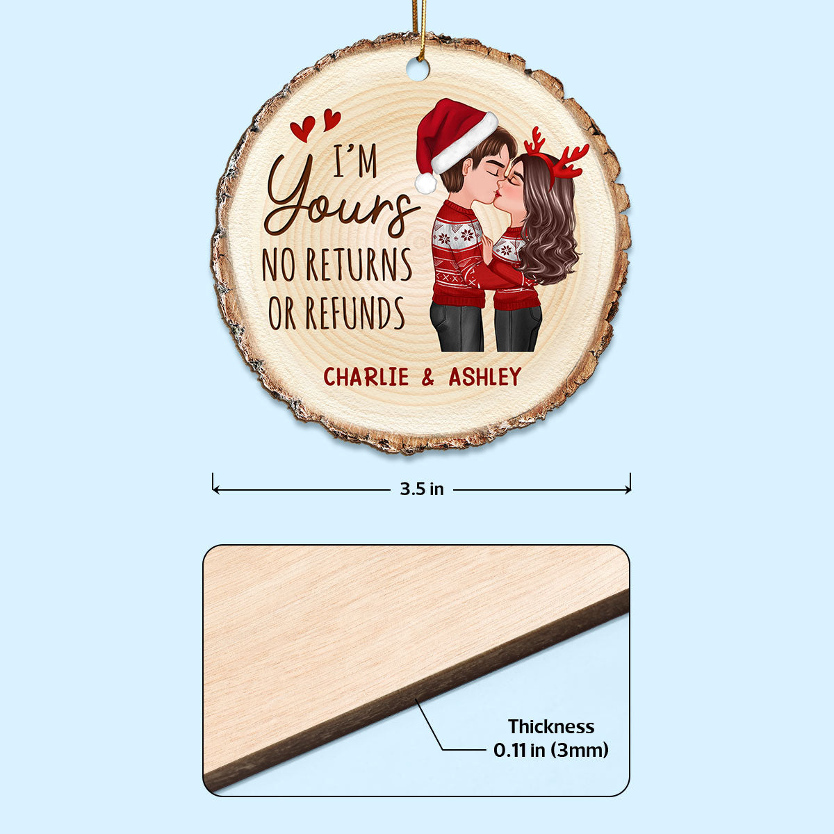 Doll Couple Kising Wood Slice Printed Personalized Wooden Ornament