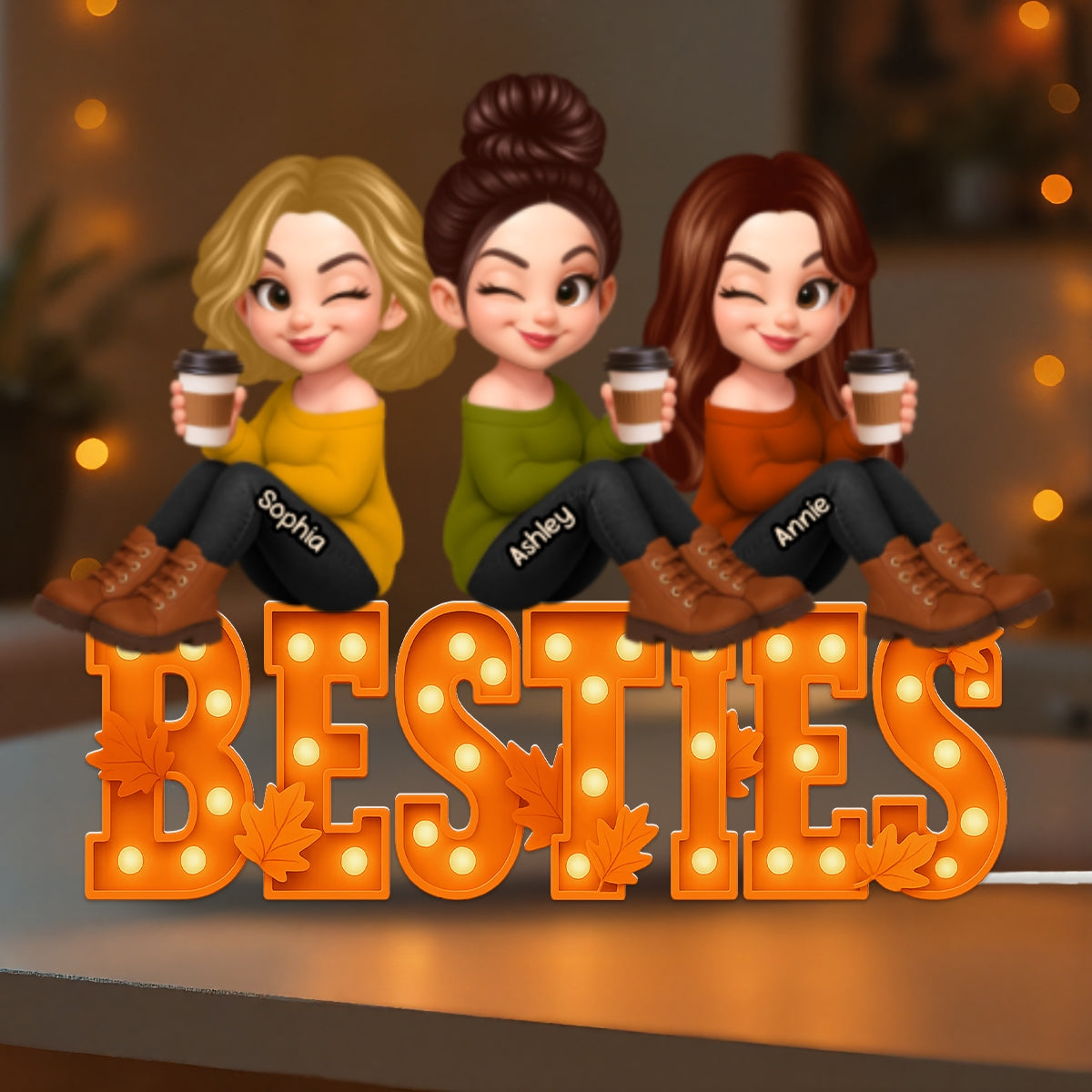 Fall Season Besties Sitting Marquee Pattern Texture Letters Personalized LED Light Box