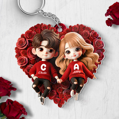 Cute Couple Lying On Rose Heart Personalized Acrylic Keychain, Gift For Him, Gift For Her, Gift For Valentine's Day
